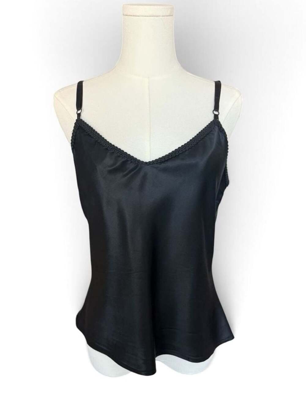 Vintage 90s Jay Jacobs - Black Satin Lace Trim V-Neck Cami - Sz L